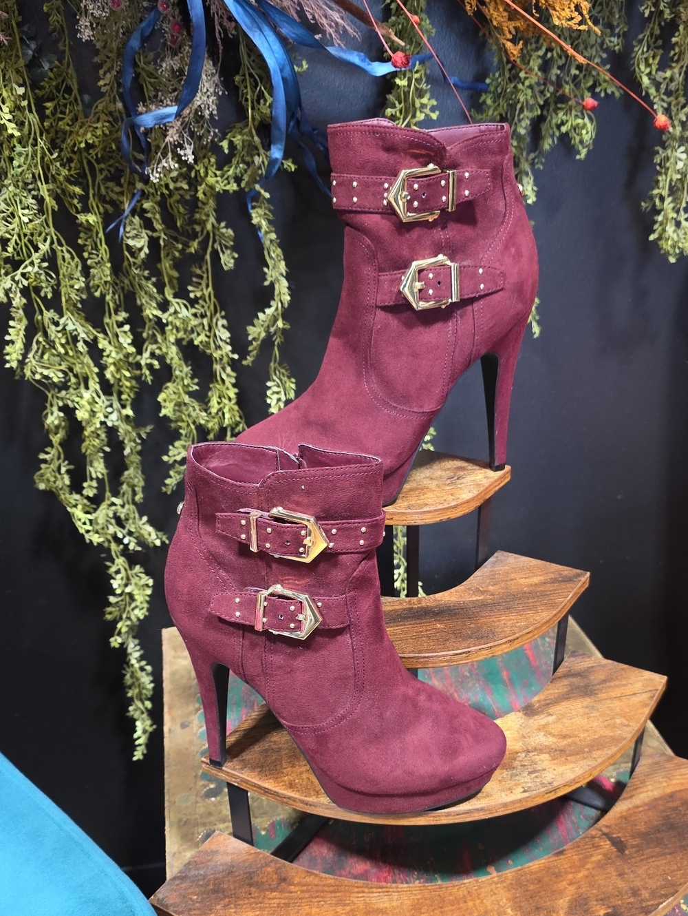 G by Guess Burgundy Suede High-Heel Ankle Boots with Gold Buckles